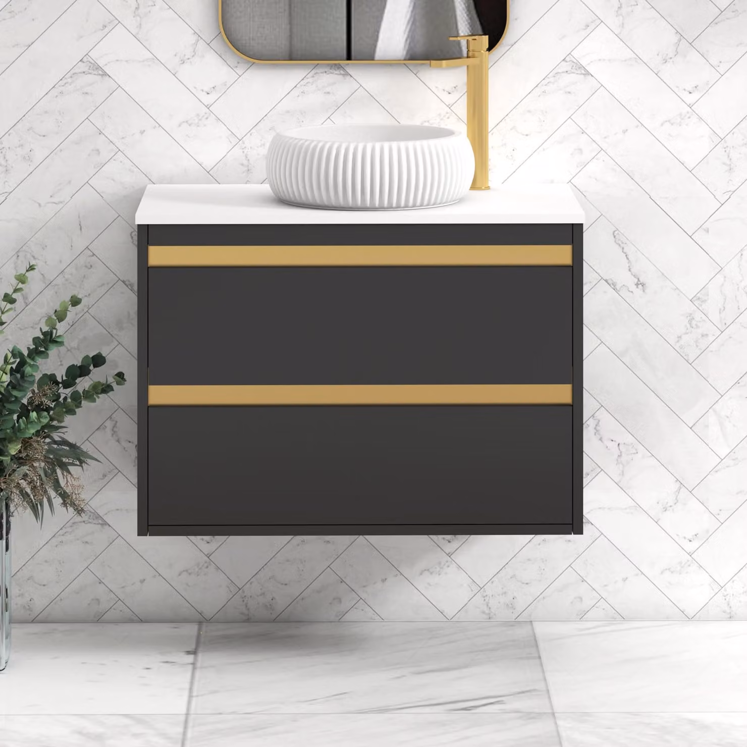 Royal Bathrooms Orion 800mm Wall Hung Vanity Unit with Milan Basin in Matt Obsidian Black and White with Brushed Brass Accent Trim
