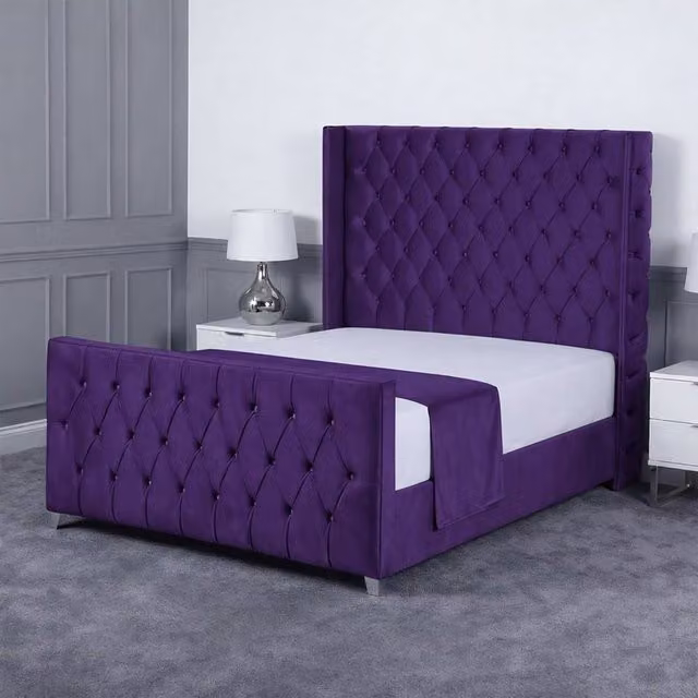 Living Comfort Bedz Seraphina Super King Upholstered Plush Velvet Bed with Slatted Base and 48 Inch Headboard in Purple, W/D/H: 200 x 200 cm – 1