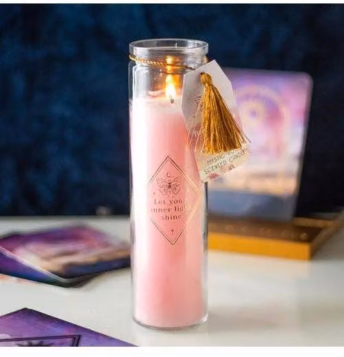 KDMD Mystic Rose Pink Pillar Tube Candle with Rose Quartz Crystals and Gold Accents – 1