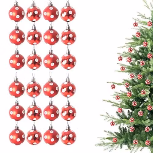 Shatchi Christmas Bauble Hanging Decorations, Red and White Polka Dot Plastic Ornaments, 24 Pack, Diameter: 3 cm