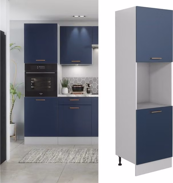 Impact Furniture NORA Tall Oven Housing Unit with Navy Blue Matt Hinged Doors and Grey Body, W/D/H: 60.0 x 56.0 x 218.3 cm