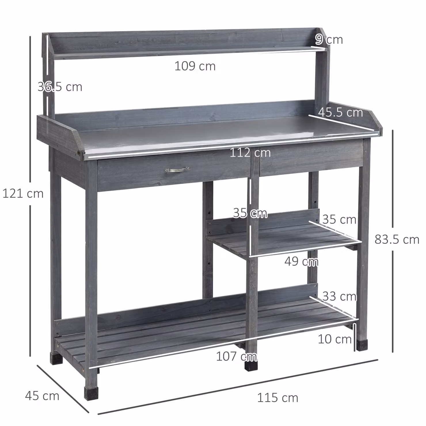 Outsunny Wooden Garden Potting Table with Galvanised Steel Top, Drawer, Storage Shelves and Hooks in Grey – 3