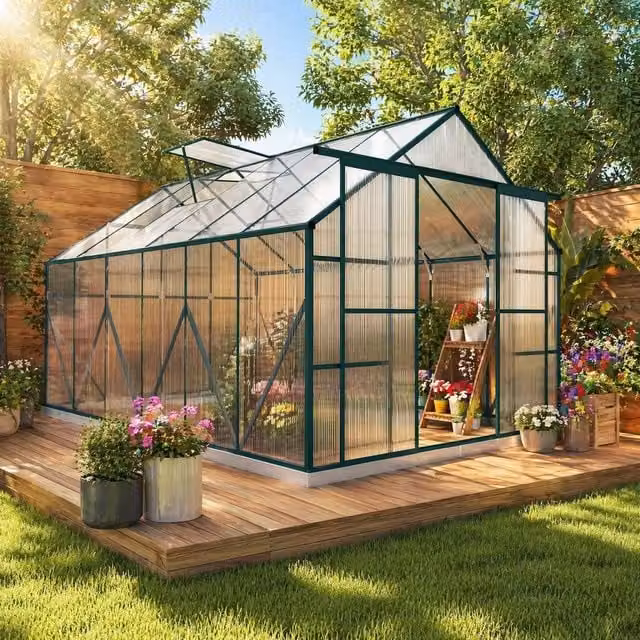 STILVORA Walk-In Greenhouse with Sliding Doors and Polycarbonate Panels in Transparent, W/D/H: 243.84 x 244.0 x 215.0 cm – 1