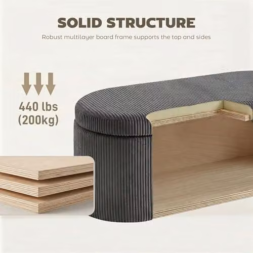 HOMCOM Corduroy Upholstered Storage Ottoman in Grey, W: 105 cm, D: 51 cm, H: 49 cm – 5