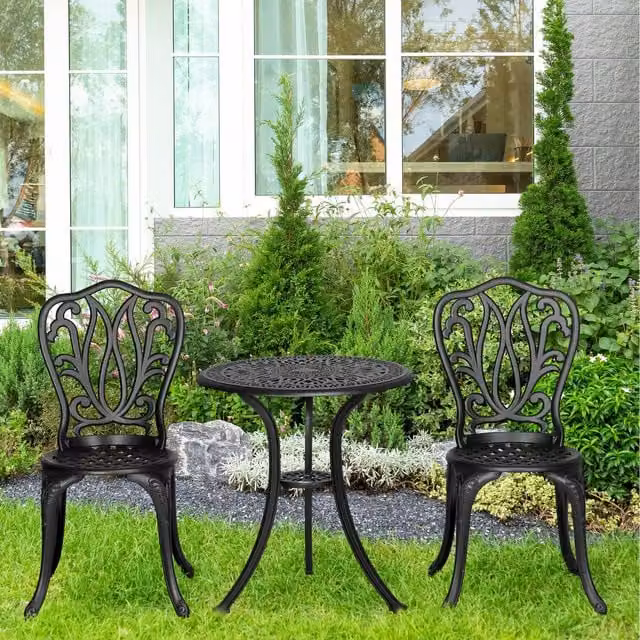 Outsunny 3 Piece Metal Patio Bistro Set with Umbrella Hole in Matt Black