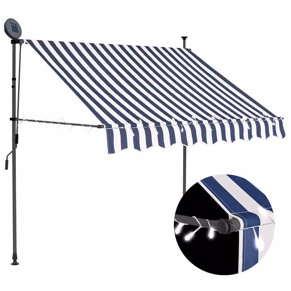 Berkfield Home Manual Retractable Awning with LED, Blue and White Striped Polyester – 1