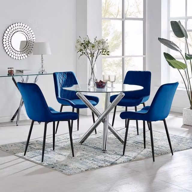 FurnitureboxUK Selina Round Glass Dining Table with Four Pesaro Black Leg Chairs in Navy and Blue