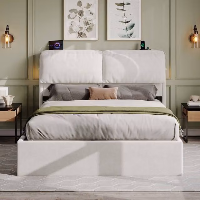 Merax King Ottoman Bed in Beige with Upholstered Fabric, LED Reading Lights, USB Charging Port and Lift-Up Storage Base, W/D/H: 150 x 200 cm – 1