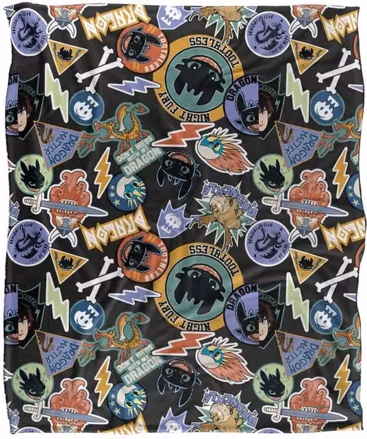 NBCU Toothless Dragon Badges Super Soft Fleece Throw Blanket, Multicolour, W: 152.0 cm, D: 127.0 cm – 1