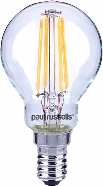 Paul Russells 4.5W LED Filament Golf Drop Bulb, E14, 470lm, 2700K, Warm White, Transparent