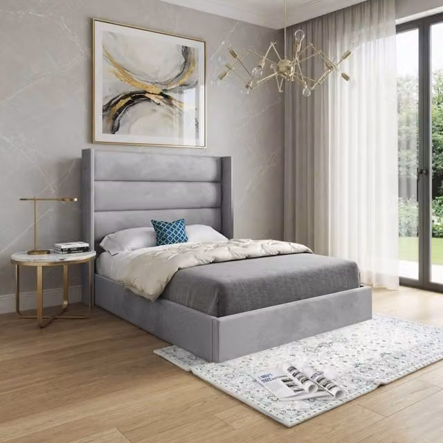 KDMD Shireshead Winged Upholstered Designer Bed Frame in Grey Soft Velvet, Super King Size (200 x 200 cm) – 1