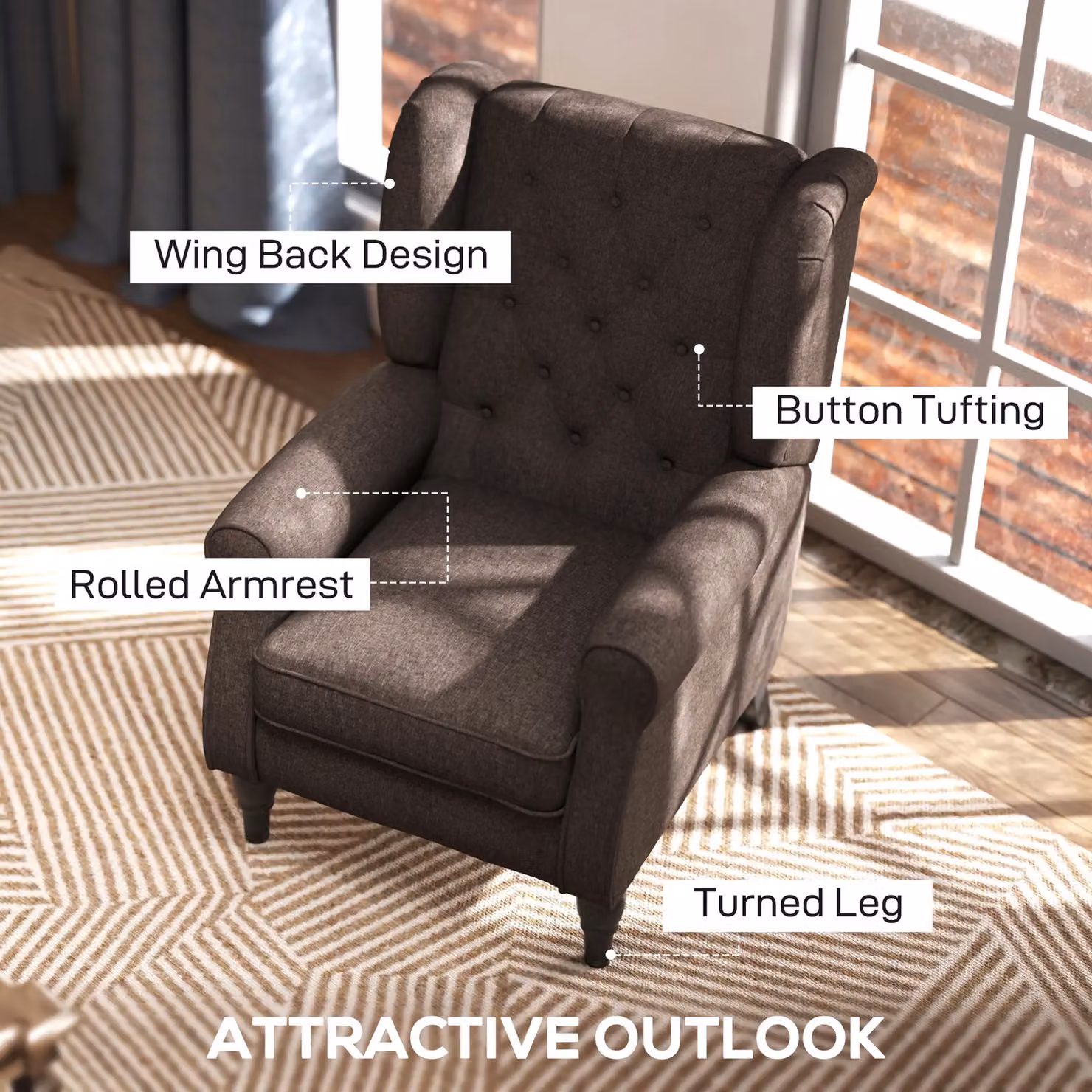 HOMCOM Vintage Brown Fabric Wingback Accent Armchair with Solid Wood Frame – 3