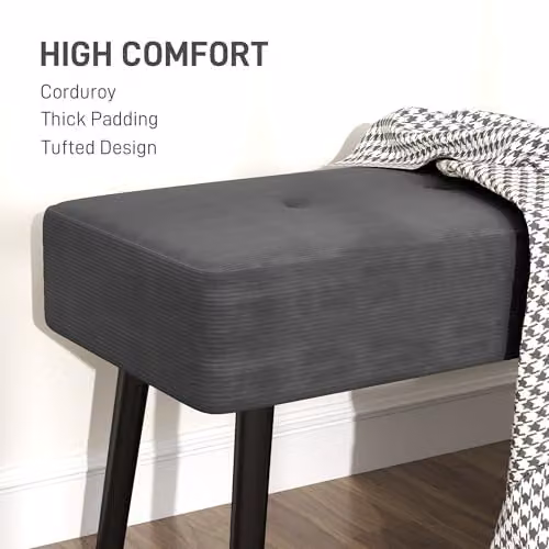 HOMCOM Grey Corduroy End of Bed Bench with Upholstered Frame and Metal Legs, W: 100 cm, D: 45 cm, H: 45 cm – 2