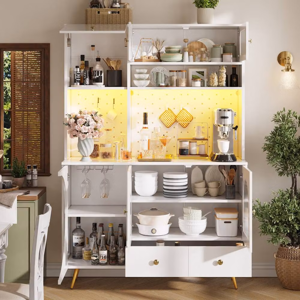 BTM Tall Kitchen Cabinet in White with LED Lighting, USB Ports and Glass Shelves, W/D/H: 120 x 40 x 176 cm – 2
