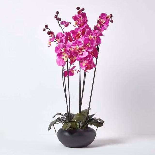 Homescapes Large Oriental Style Purple Orchids in a Black Round Bowl