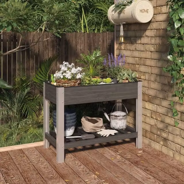 Berkfield Home Garden Grey WPC Raised Bed with Shelf, W/D/H: 100 x 50 x 75 cm