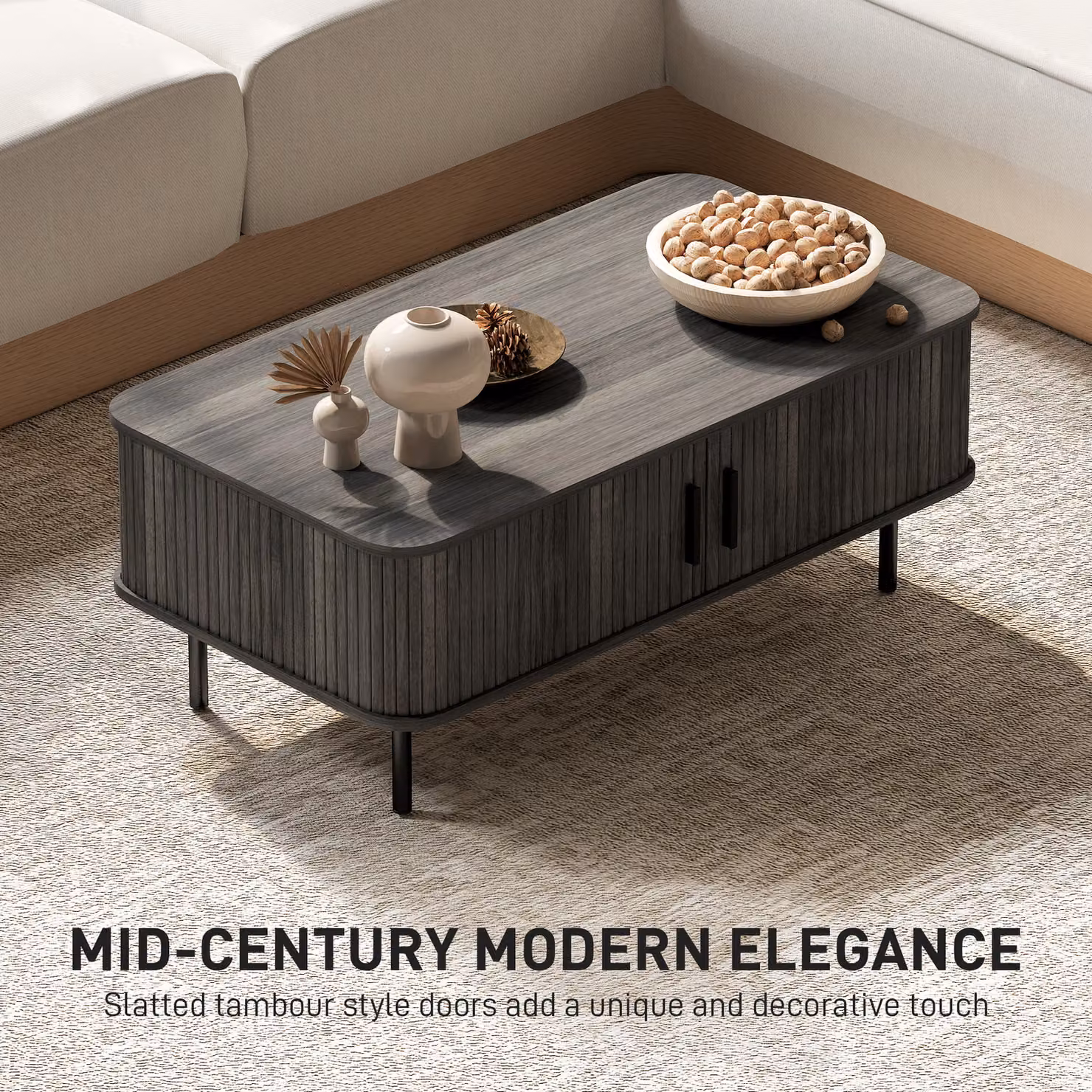 HOMCOM Grey Wood-Effect Rectangular Coffee Table with Slatted Tambour Sliding Doors and Storage – 4
