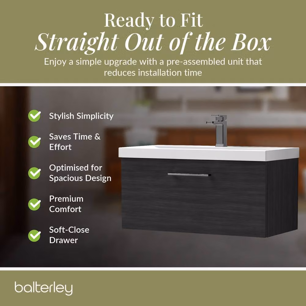 Balterley 800mm Wall Hung 1 Drawer Vanity Unit in Woodgrain Black with Pewter Handle in Black – 4