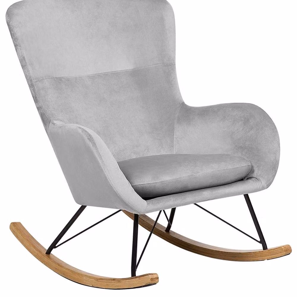 Wyld and Coco Glam Rocking Chair in Light Grey Velvet with Solid Rubberwood Frame – 2