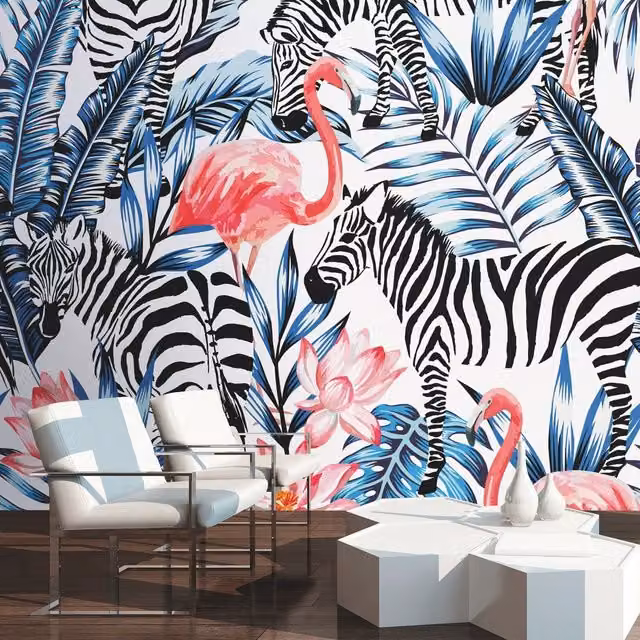 Origin Murals Zemingo Modern Floral Wall Mural in Cobalt, Coral, Blue and Pink