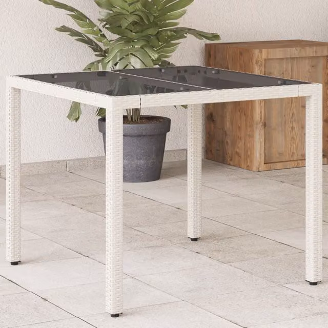 Berkfield Home Modern White Poly Rattan Garden Table with Glass Top, W/D/H: 90 x 90 x 75 cm