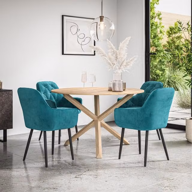 More4Homes Malvern Round Oak Effect Dining Table Set with 4 Blue Anika Velvet Chairs