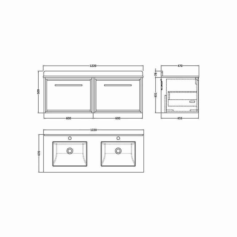Balterley Longnor Wall Hung 2 Drawer Vanity Unit with Stone Basin, Graphite Grey, W/D/H: 120 x 47 x 50.9 cm