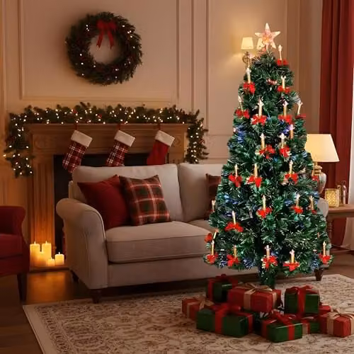 Shatchi 180cm Pre-Lit Fibre Optic Christmas Tree with Candle and Bow Decorations in Green with Multicolour Changing Lights – 3