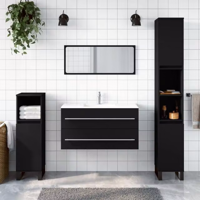 Berkfield Home Wall Mounted Black Matt Bathroom Cabinet with Mirror and Hinged Doors – 1