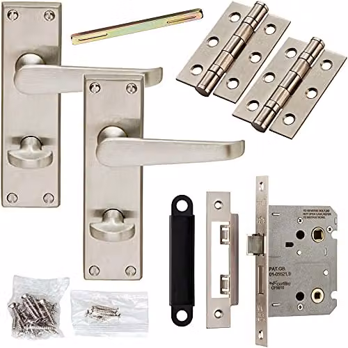 Loops Victorian Flat Lever Backplate Door Handle and Bathroom Lock Pack in Satin Chrome