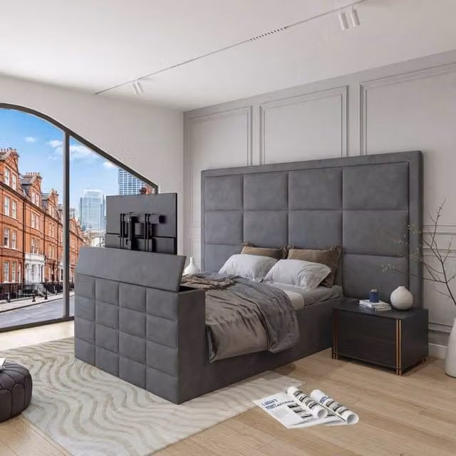 KDMD Alwoodley Upholstered Grey Television Bed Frame, W/D/H: 140 x 200 cm