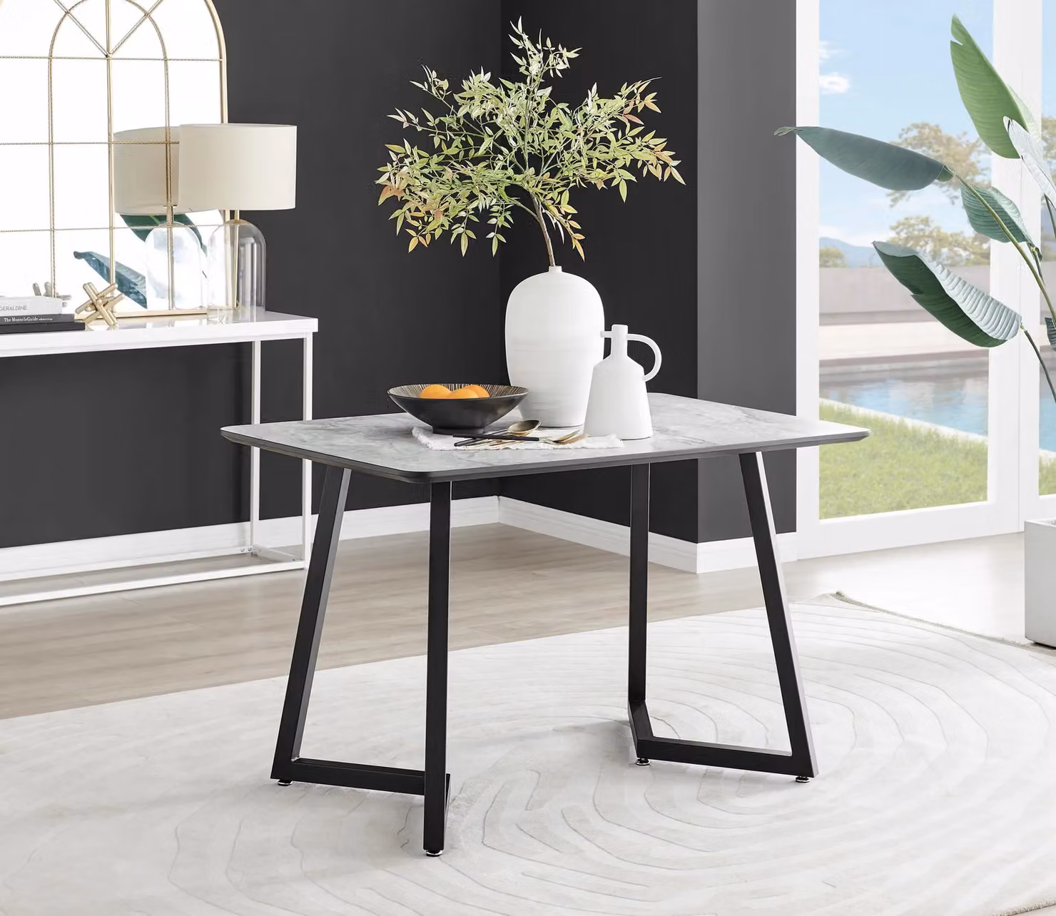 FurnitureboxUK Carson White Marble Effect Dining Table and 4 Willow Chairs in Black – 2