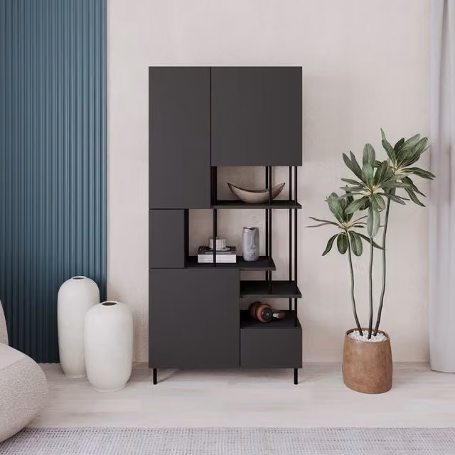 Decortie Modern 5-Door Bookcase Cabinet with Open Shelves and Soft-Close Doors, Anthracite Grey, H 175 x W 84 x D 34 cm