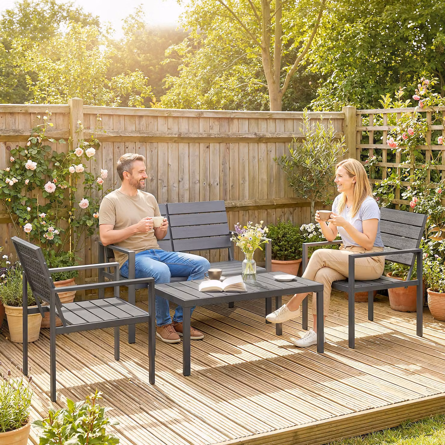 Outsunny 4 Piece Garden Furniture Set in Dark Grey with HDPE Slatted Loveseat, Armchairs, Coffee Table and Cushions – 2