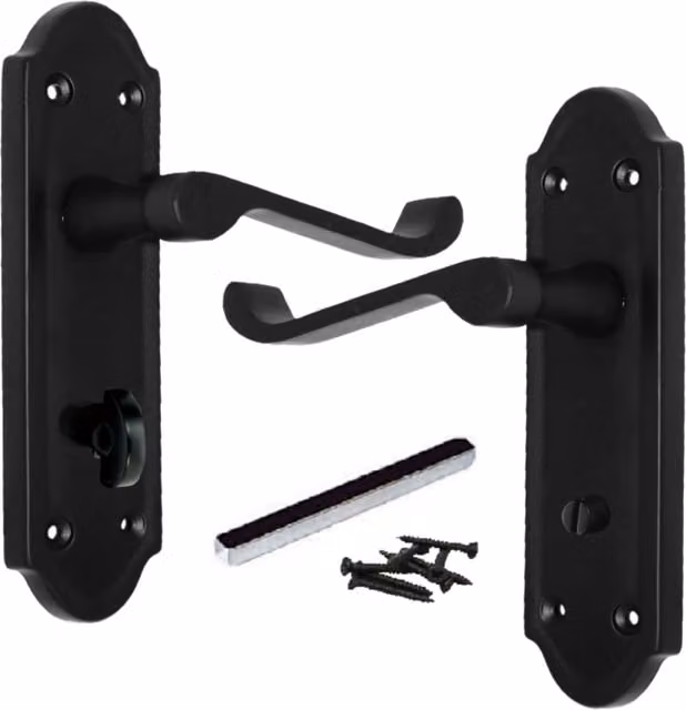 Ashford Bathroom Lock Scroll Lever Door Handle with Long Backplate Set in Matt Black