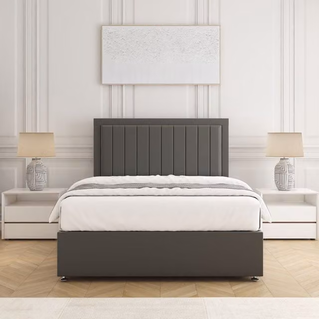 BSSPOKE Zarah Super King Divan Bed Set with 24 inch Plush Velvet Headboard and Mattress in Grey, W/D/H: 200 x 200 cm