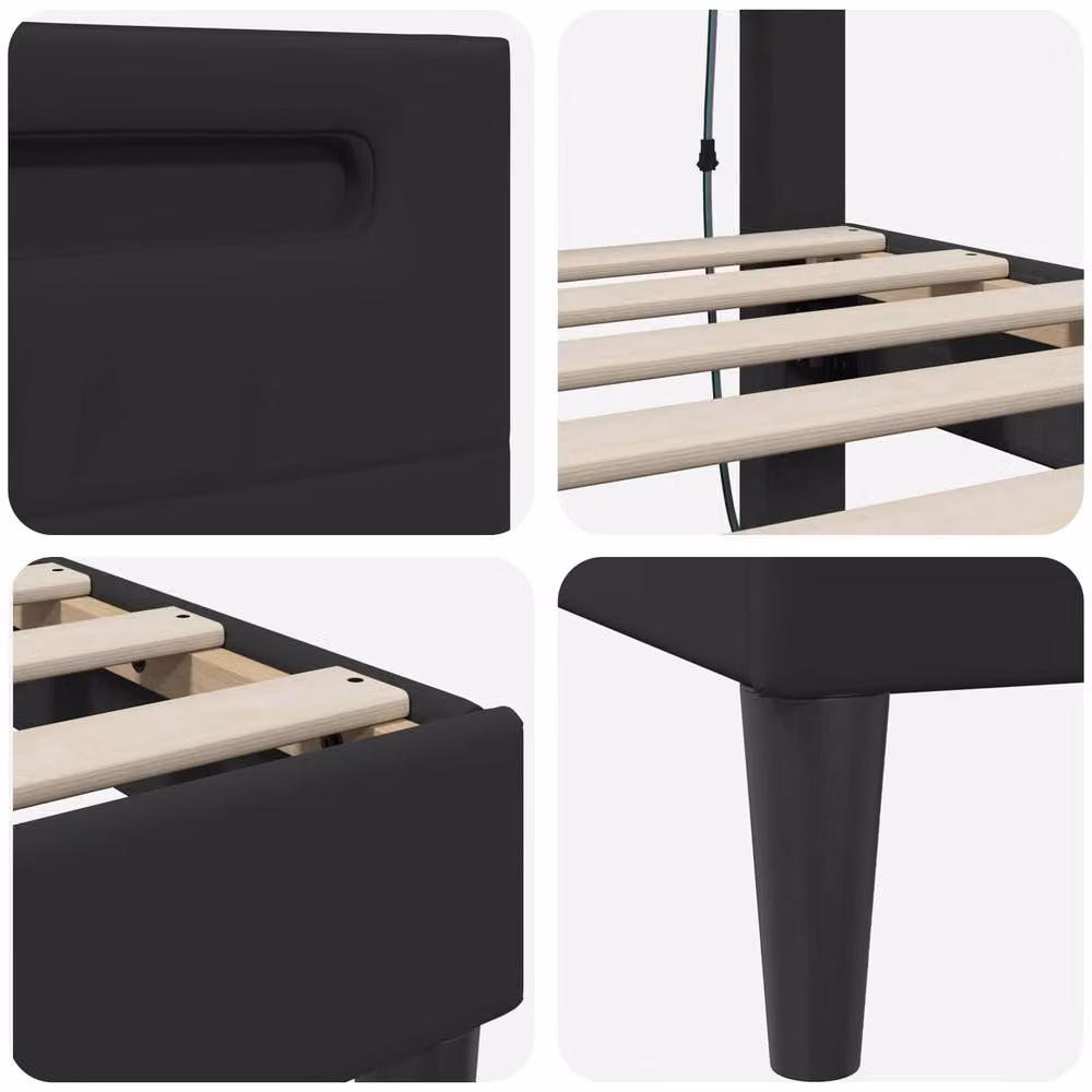 Berkfield Home Black Faux Leather Bed Frame with LED Strip Lights and USB Charging Port, W: 135 cm, L: 190 cm – 6
