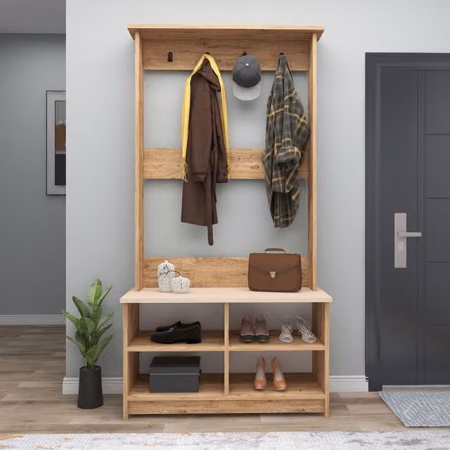 Destina Home Amelia Hallway Coat Rack with Bench and Shelves in Beige, H 173.6 x W 90.0 x D 35.0 cm – 2