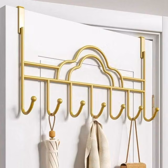 KORVIXA Metal Over the Door 7 Hook Hanging Rack in Gold, Width: 80 cm