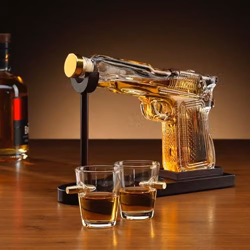 Connoisseur Creations Glass Pistol Gun Decanter and Bullet-in-Glass Shot Glasses Set, Transparent, 0.75 l – 2