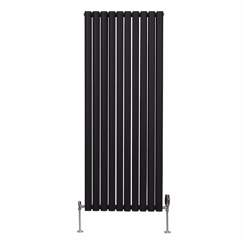 Monstershop Oval Column Radiator with Integrated Valves and Thermostat Head, Black, H: 160 cm, W: 60 cm – 2