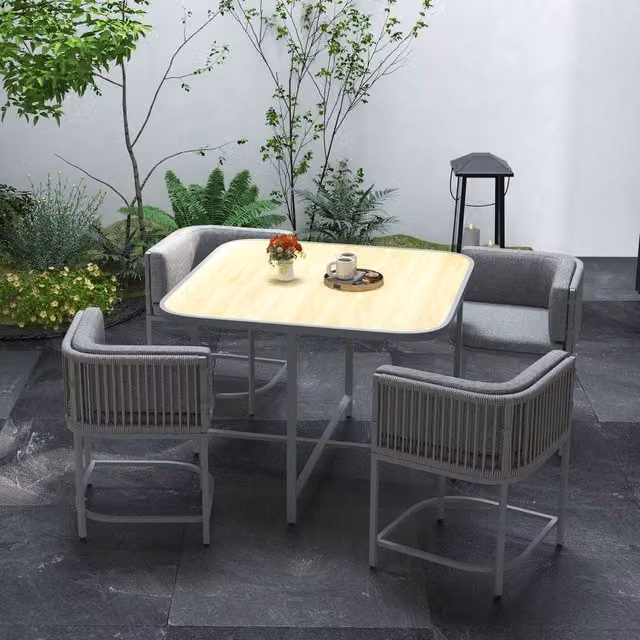 OUTSUNNY 5 Piece Grey Rattan Cube Garden Dining Set with Square Table – 1