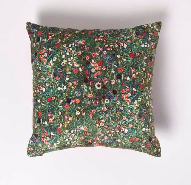Homescapes Klimts Italian Garden Velvet Cushion, Pink and Multicolour, 46 x 46 cm
