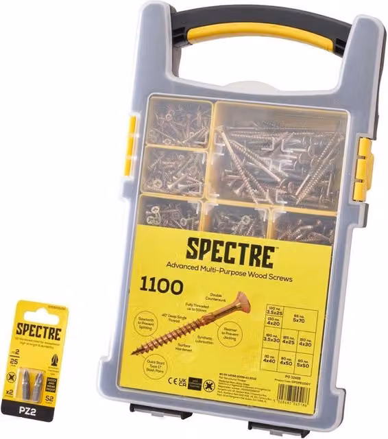 Forgefix Spectre Advanced Galvanised Pozidriv Self-Countersinking Wood Screw Set, 1100 Piece, Multicolour
