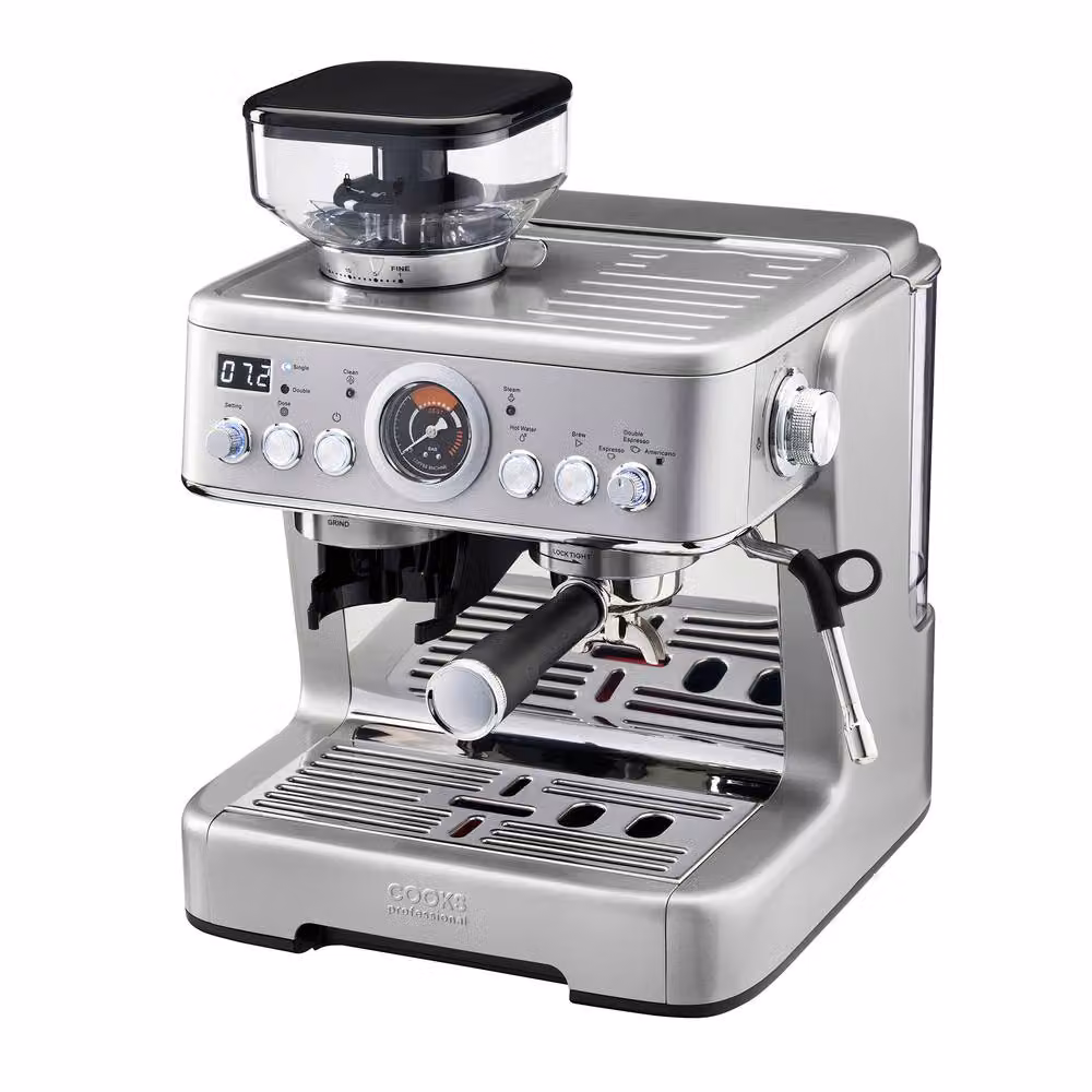 Cooks Professional Bean-To-Cup Espresso Coffee Machine with 20-Bar Pump, Integrated Grinder and Steam Wand, Silver – 6