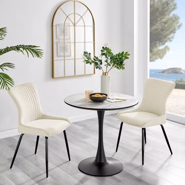 FurnitureboxUK Elina White Marble Effect Round Dining Table and 2 Nora Black Leg Velvet Chairs in Cream – 1