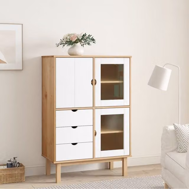 Berkfield Home OTTA Highboard in Brown and White Solid Pine Wood, W/D/H: 85 x 43 x 125 cm – 1
