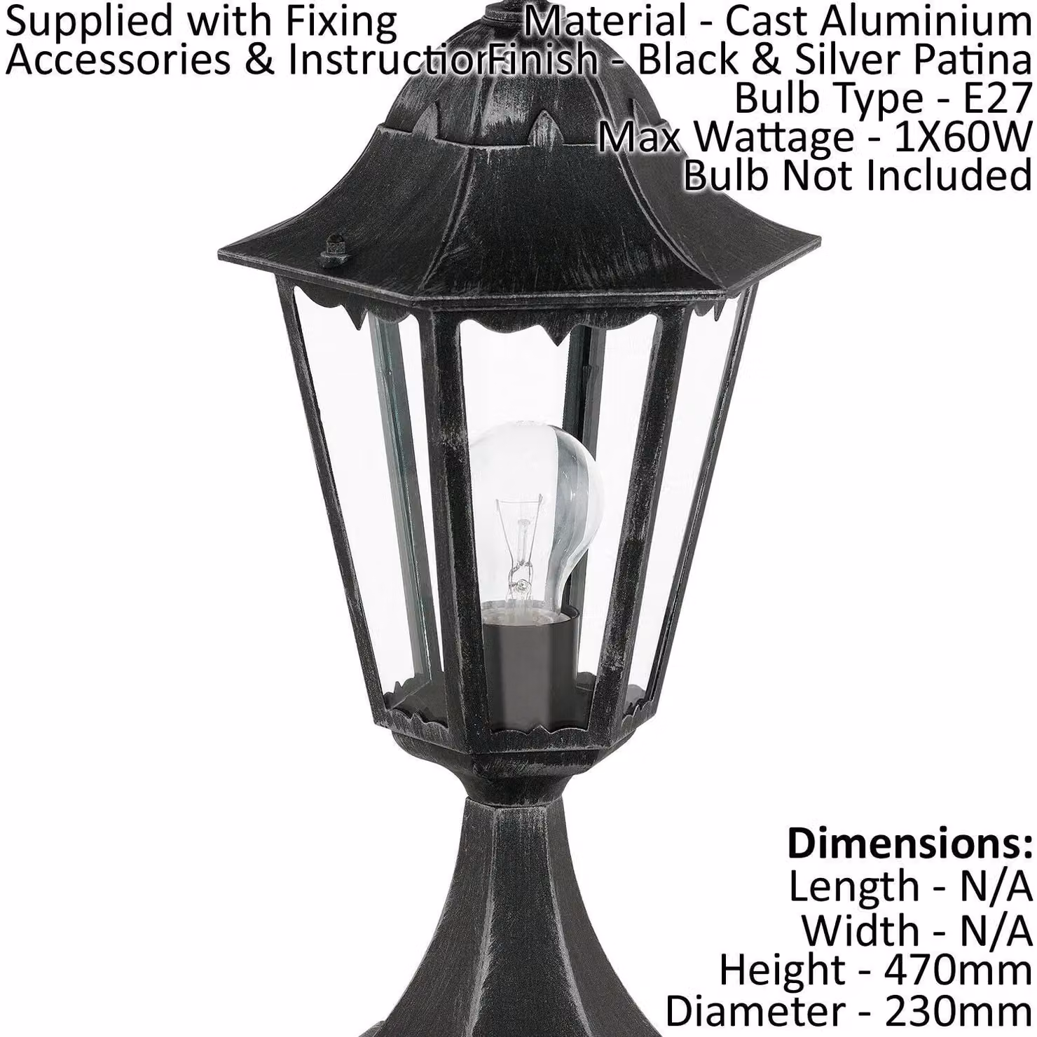 Loops 2 Pack IP44 Outdoor Pedestal Lanterns in Black and Silver Patina with Glass and Aluminium Construction for Garden Use, E27 60W Compatible – 2