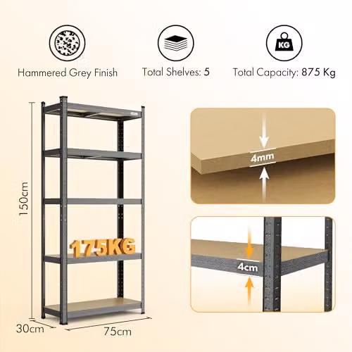 VonHaus 5-Tier Heavy Duty Steel Garage Shelving Unit in Grey – 3