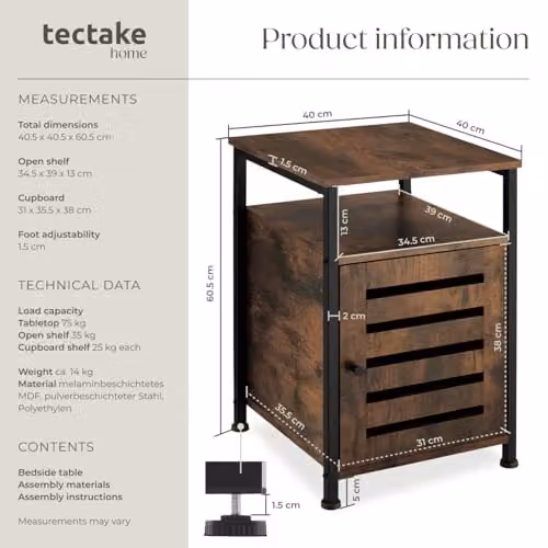 tectake Industrial Bedside Table with Cupboard and Open Shelf, Brown, W/D/H: 40.5 x 40.5 x 60.5 cm – 2